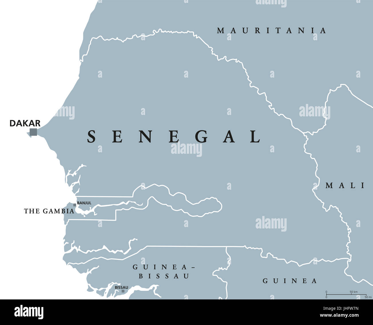 Senegal politische Karte mit Hauptstadt Dakar, internationale Grenzen und Nachbarn. Republik und Land in Westafrika. Graue Abbildung. Stockfoto
