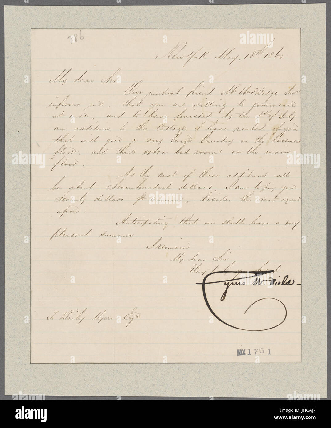 Feld, Cyrus W. New York. Nach T. Bailey Myers (NYPL b11868620-5413521) Stockfoto