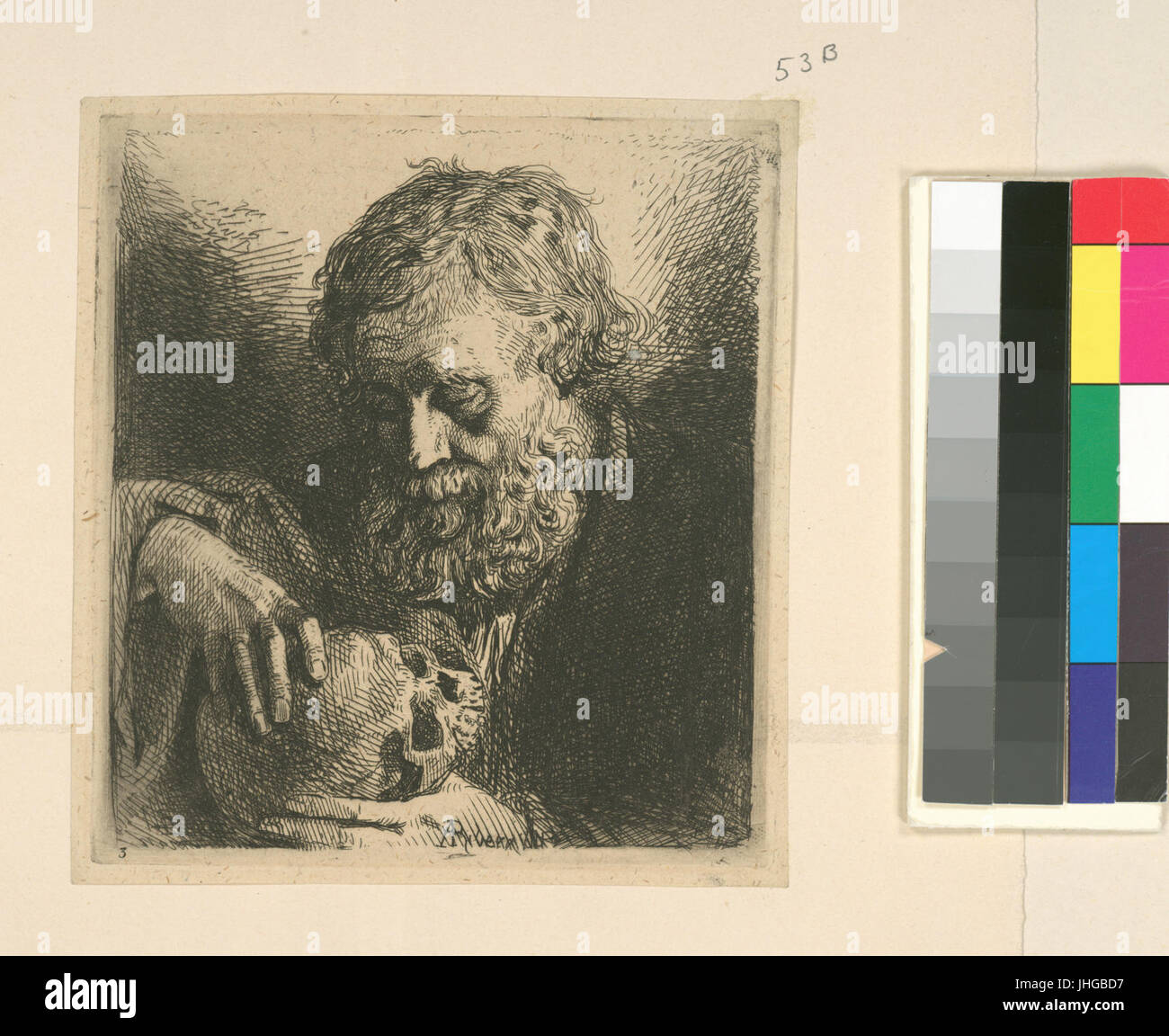 Büste eines bärtigen Mannes betrachten einen Schädel (NYPL b14917513-1158699) Stockfoto