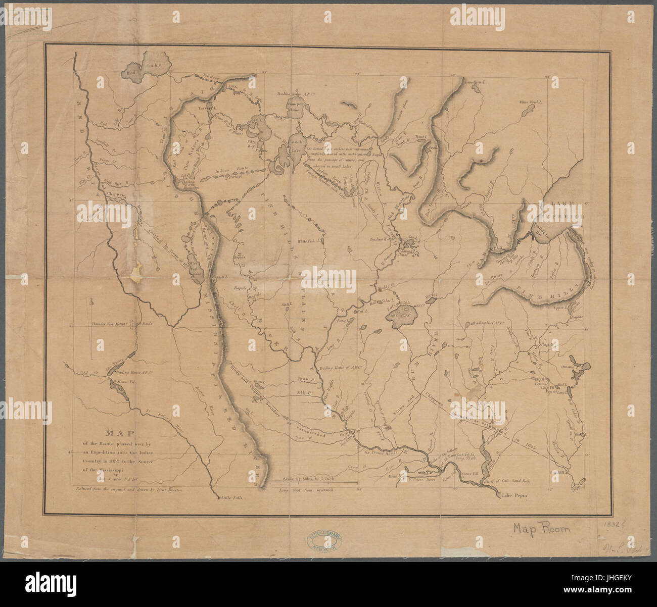 Karte der Route ging von einer Expedition in das Indianerland 1832 an die Quelle des Mississippi (NYPL b20643873-5422771) Stockfoto