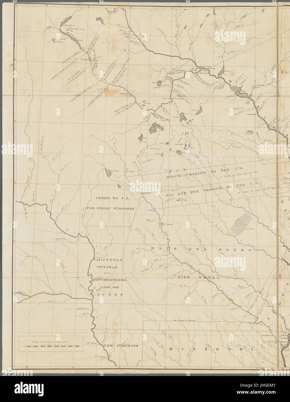 Eine Karte eines Teils des indischen Landes liegen östlich und westlich des Mississippi River, der vierzig sechsten Grad nördlicher Breite aus persönlicher Beobachtung im Herbst 1835 und (NYPL b20643875-5422740) Stockfoto