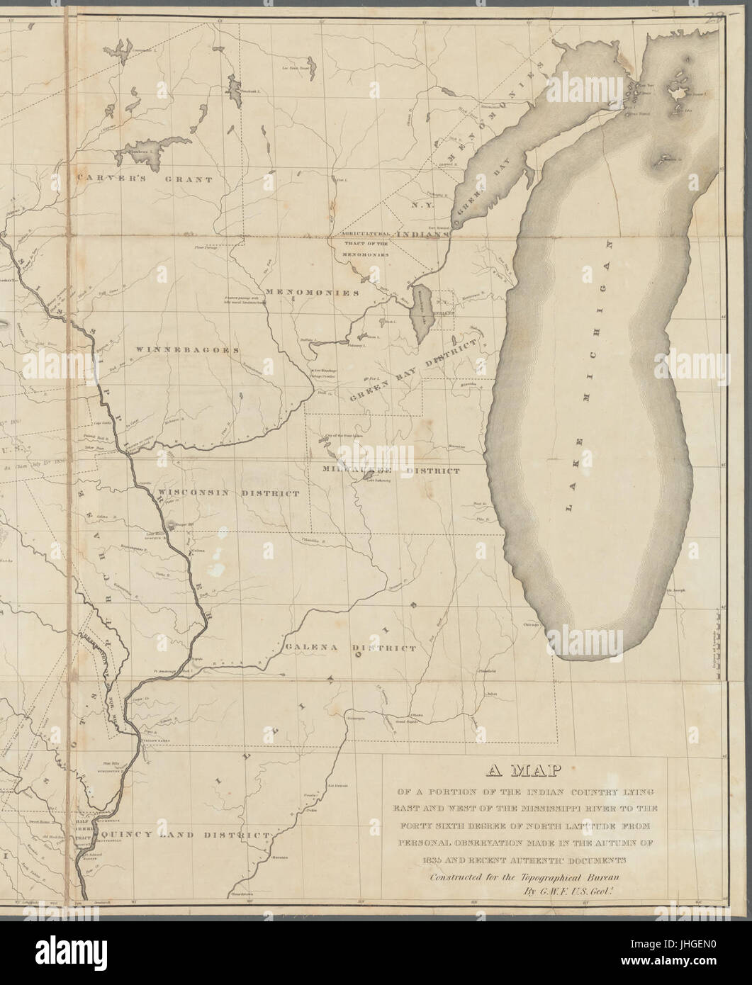 Eine Karte eines Teils des indischen Landes liegen östlich und westlich des Mississippi River, der vierzig sechsten Grad nördlicher Breite aus persönlicher Beobachtung im Herbst 1835 und (NYPL b20643875-5422741) Stockfoto