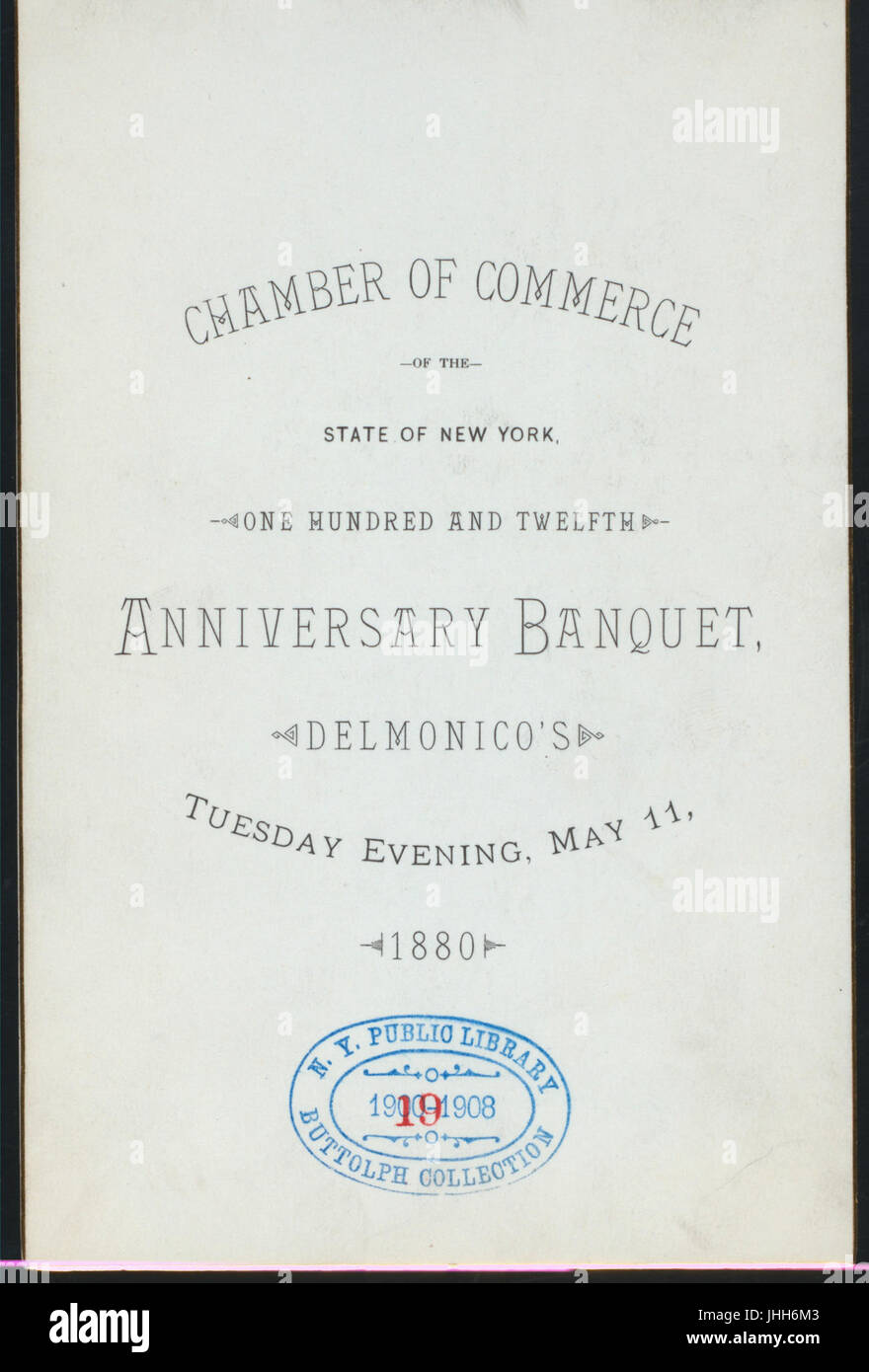 112 Jahrestag Bankett (Besitz) CHAMBER OF COMMERCE NY STATE (at) DELMONICO'S (RESTAURANT); (NYPL Hades-269383-476963) Stockfoto
