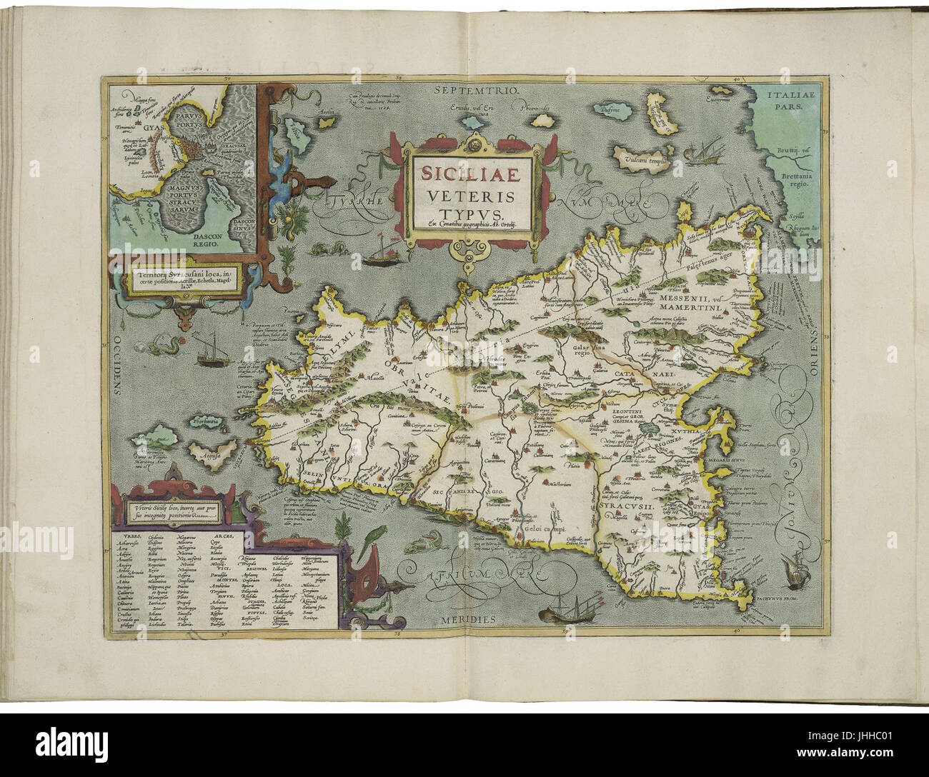 Karte des antiken Siziliens und Nebenkarte der Gebiete von Syrakus von Abraham Ortelius Stockfoto