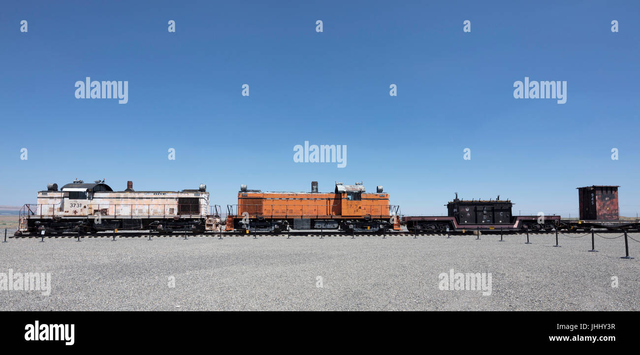 alte Lokomotiven an die B Reaktor Hanford, nahe Richland, Washington Stockfoto