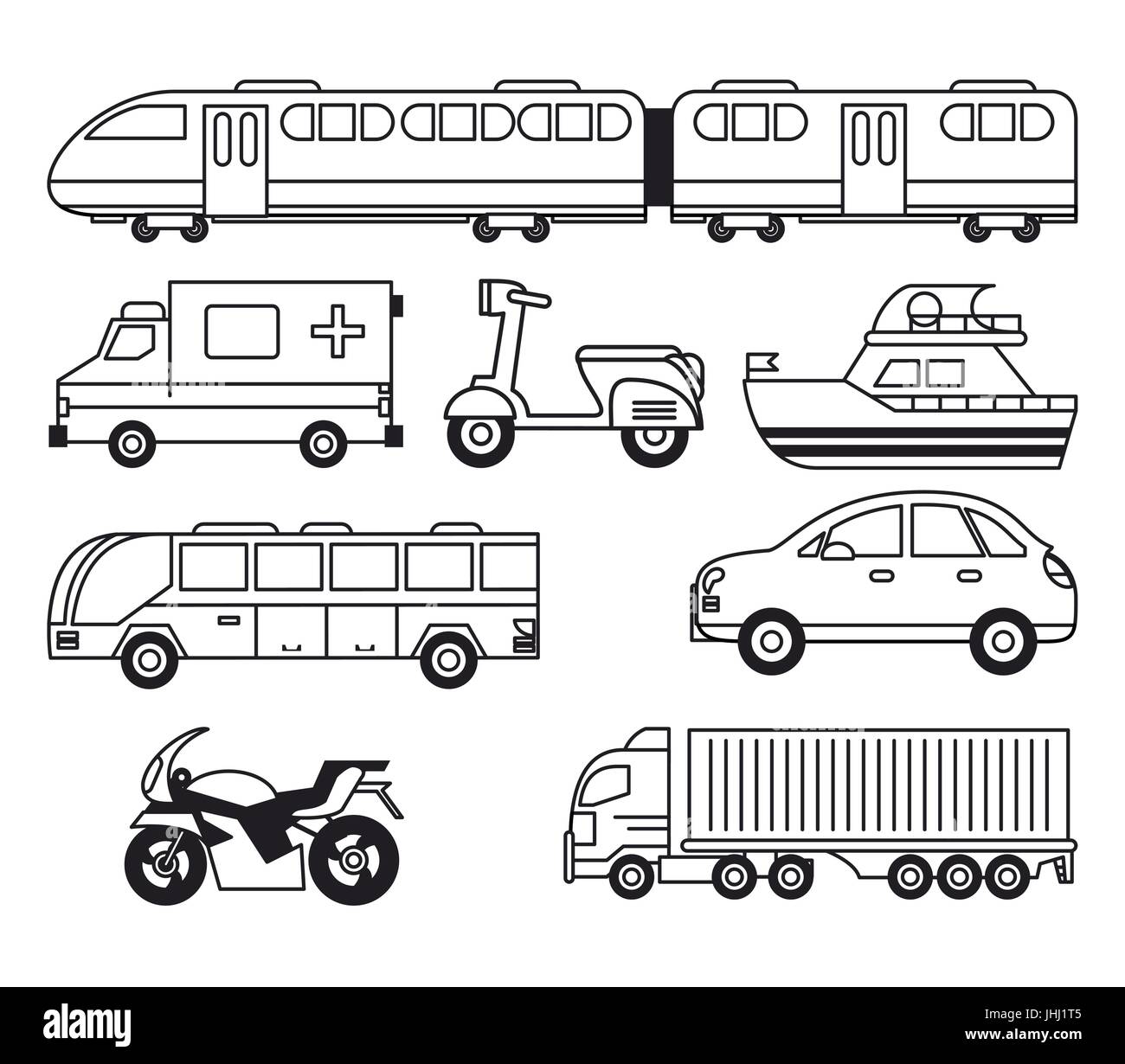 weißen Hintergrund mit monochrome Set von Fahrzeugen des Verkehrs Stock Vektor