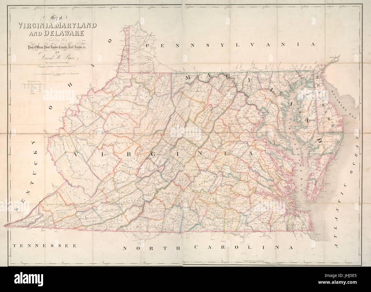 Karte von Virginia, Maryland und Delaware ausstellen, Postämter, Post, Straßen, Kanäle, Bahn & c (NYPL b15025188-434787) Stockfoto