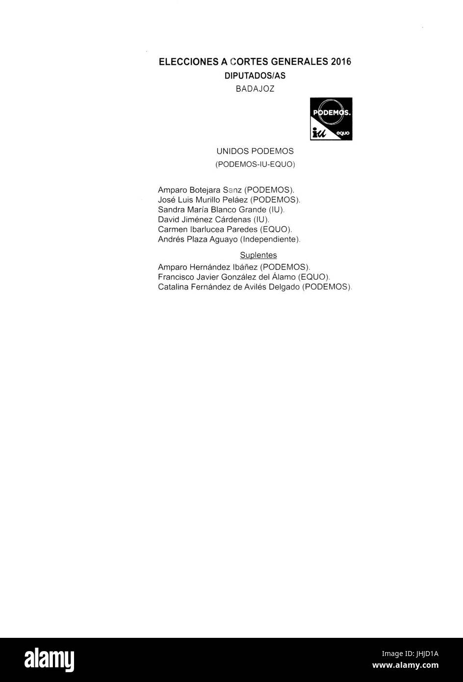 2016 spanischen Parlamentswahlen Stimmzettel - Badajoz-IU-Podemos Stockfoto