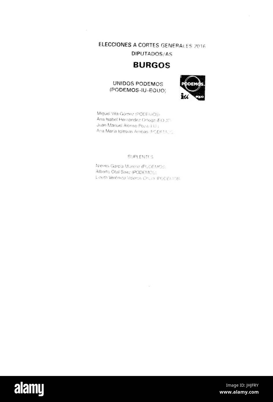 2016 spanischen Parlamentswahlen Stimmzettel - Burgos - PODEMOS-IU-EQUO Stockfoto