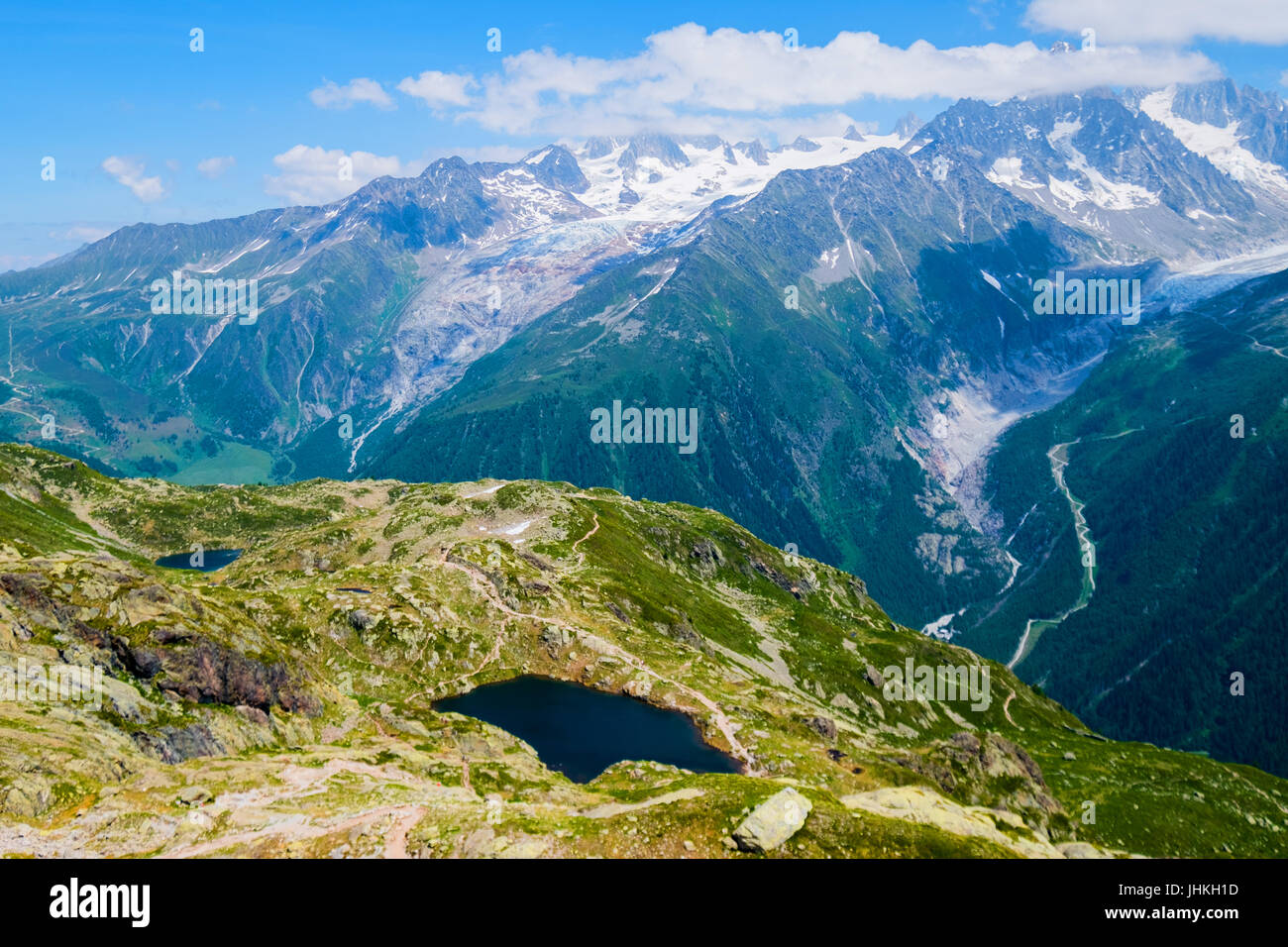 Blick auf Mont Blanc vom Cheserys See, Chamonix, Frankreich Stockfoto