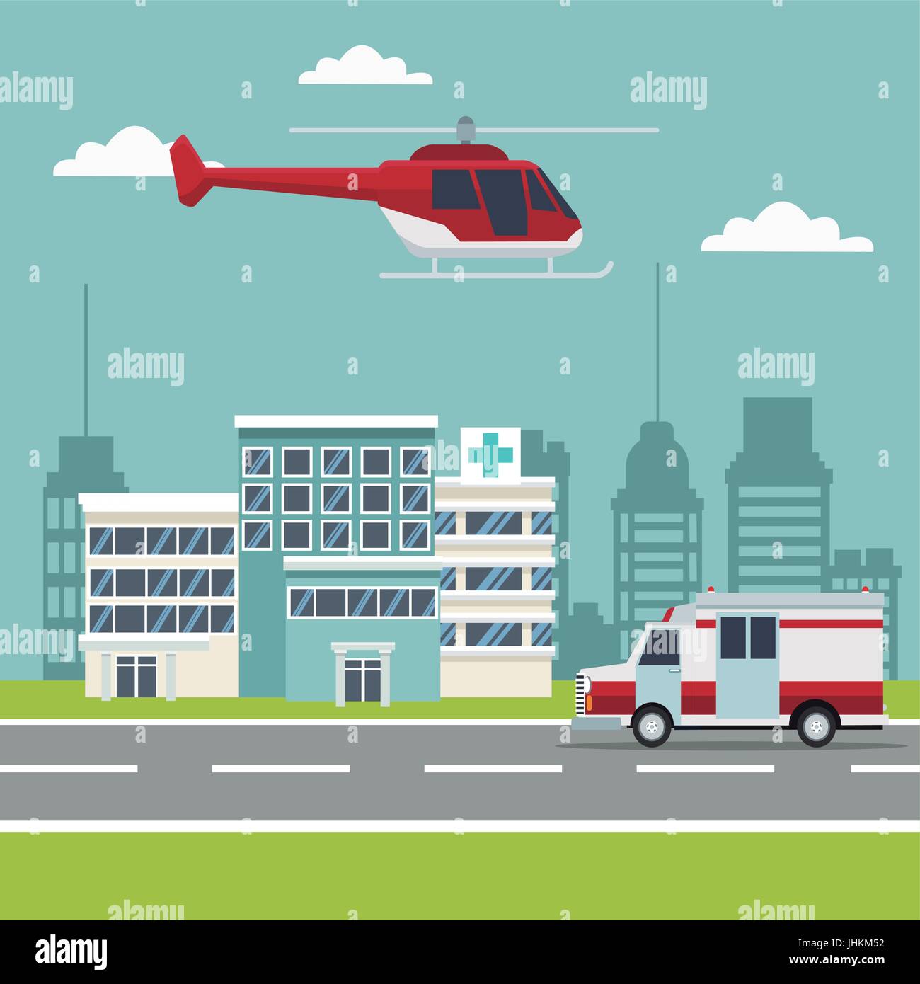Stadt-Landschaft Szene bauen Krankenhäuser mit Krankenwagen und Hubschrauber fliegen overhead Stock Vektor