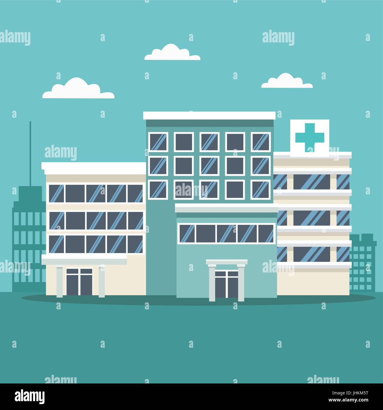 Stadt-Landschaft Szenenhintergrund mit Gebäuden und Krankenhäusern Stock Vektor