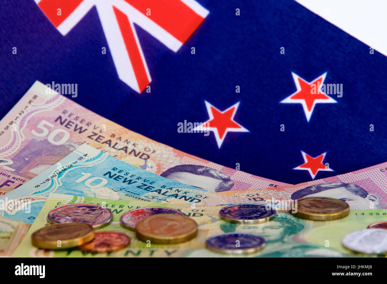 Neuseeland Geld und Flagge. Stockfoto