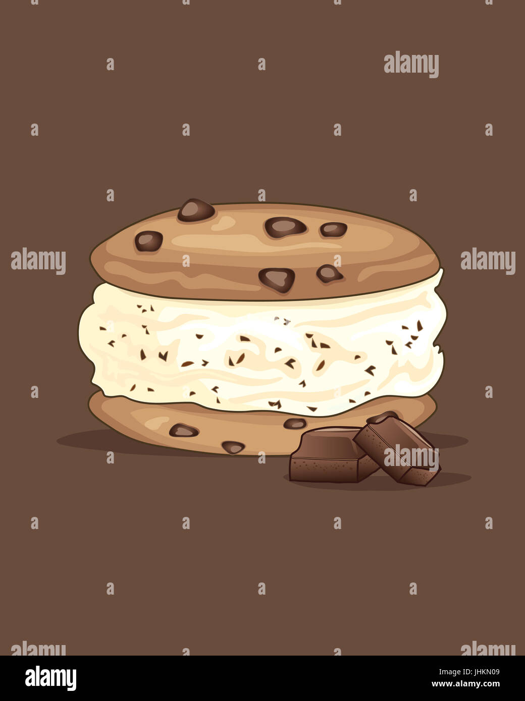 ein Beispiel für ein leckeres kühles Eis-Sandwich mit Schokoladenkekse und Vanille-Eis mit Schokolade Stockfoto
