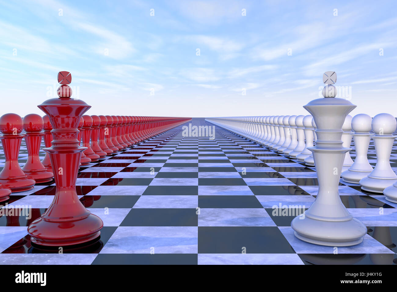 militärisch-politische Konzept. Schach-Feld mit Figuren von Königen, Staats-und Regierungschefs ihre Truppen, rot-weißen Farben sind einander gegenüber aufgereiht. 3D Stockfoto