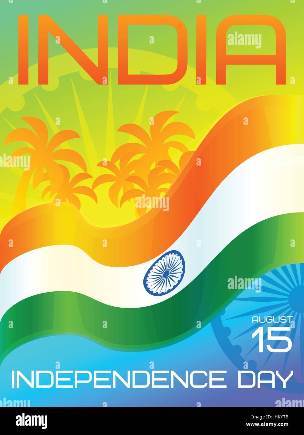 Indien-Unabhängigkeitstag Nationalfeiertag, 15.August. Vektor Grußkartenvorlage mit Ashoka-Rad, gehisst Nationalflagge von Indien und Palmen Stock Vektor