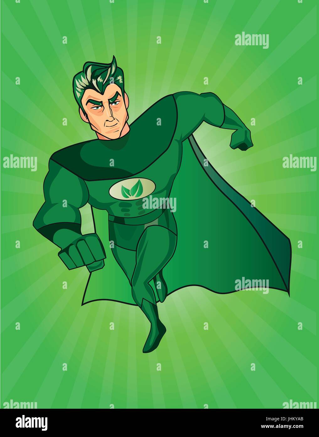 Eine Comicfigur Superheld mit einem grünen Umhang und Kostüm und ein Symbol  auf der Brust Blätter Stock-Vektorgrafik - Alamy