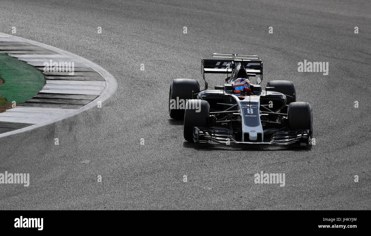 Haas' Romain Grosjean im zweiten Training des 2017 British Grand Prix in Silverstone, Towcester. PRESSEVERBAND Foto. Bild Datum: Freitag, 14. Juli 2017. Siehe PA Geschichte AUTO Briten. Bildnachweis sollte lauten: Tim Goode/PA Wire. Einschränkungen: Nur zur redaktionellen Verwendung. Kommerzielle Nutzung mit vorheriger Zustimmung von Teams. Stockfoto