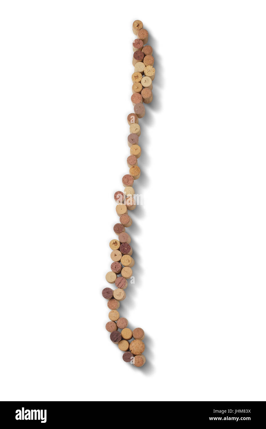 Weinerzeugende Länder - Karten aus Weinkorken. Landkarte von Chile auf weißem Hintergrund. Clipping-Pfad enthalten. Stockfoto