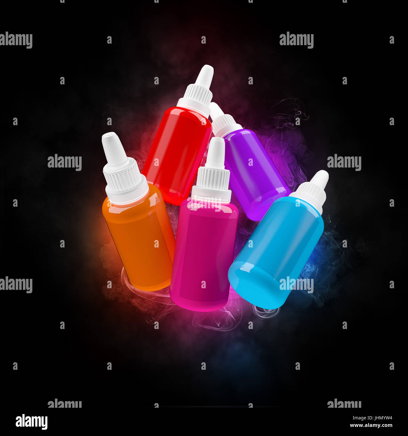 Farbigen Flasche im Rauch. 3D Render. Dampfen Vape Saft Verkauf. Stockfoto