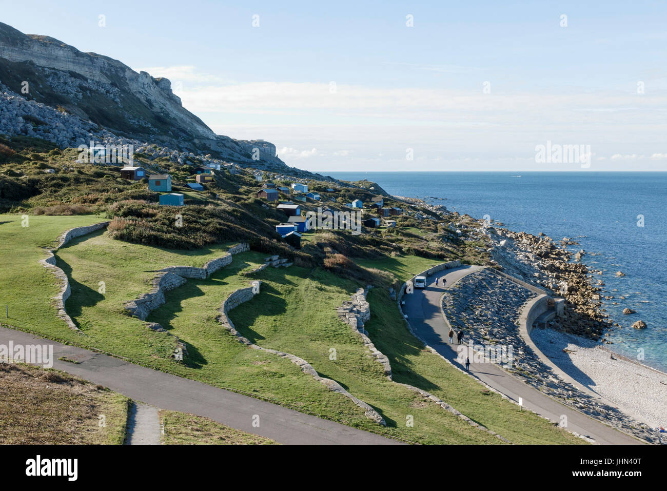Strandhütten am südlichsten, Portland, Dorset Stockfoto