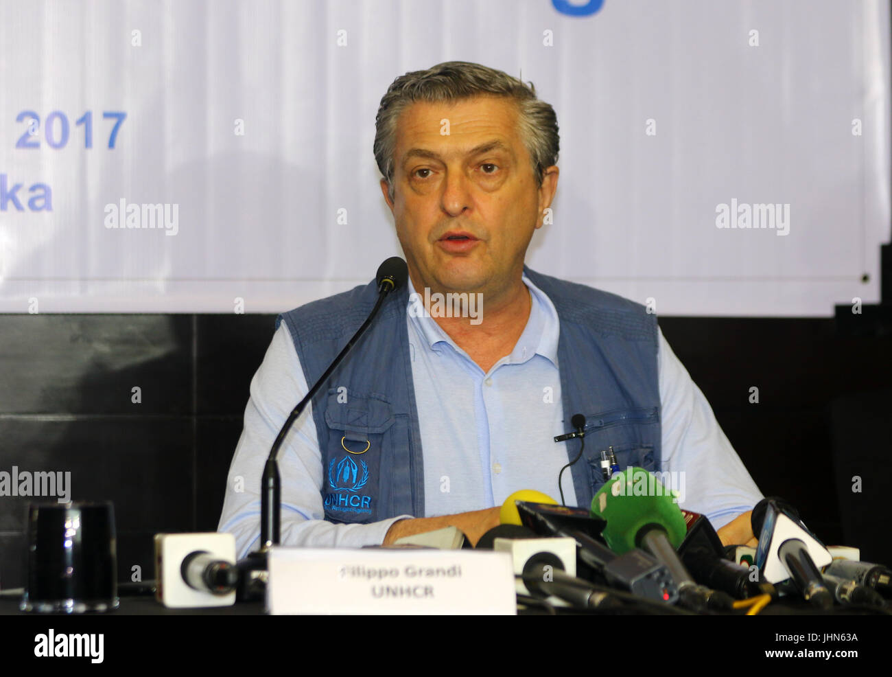 UN-Hochkommissar für Flüchtlinge Filippo Grandi spricht auf einer Pressekonferenz in Dhaka am 10. Juli 2017. Stockfoto