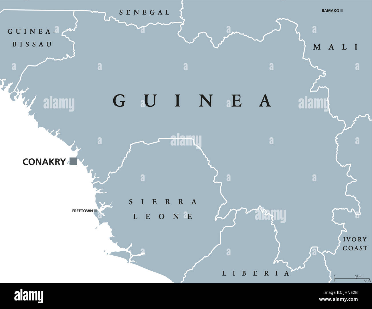 Guinea politische Karte mit Hauptstadt Conakry. Republik und Land an der Westküste von Afrika, früher bekannt als Französisch Guinea. Graue Abbildung. Stockfoto