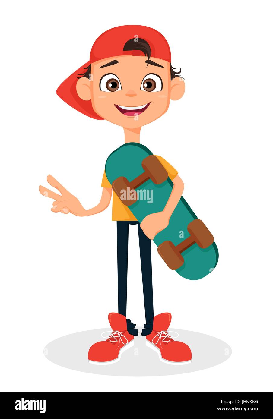 Cool Boy in GAP holding Skateboard. Niedliche Cartoon-Figur. Vektor-Illustration. Stock Vektor