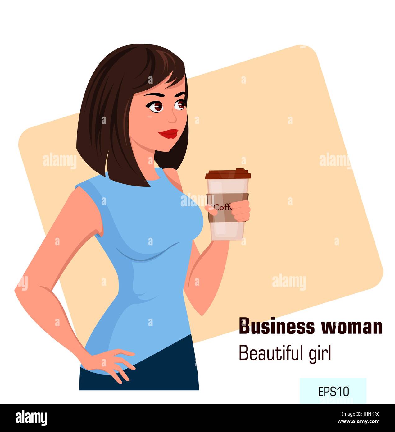 Junge Karikatur Geschäftsfrau im Büro Stil Kleidung mit heißem Kaffee während der Kaffeepause. Schöne Brünette Geschäftsfrau. Isometrische Projektion – s Stock Vektor