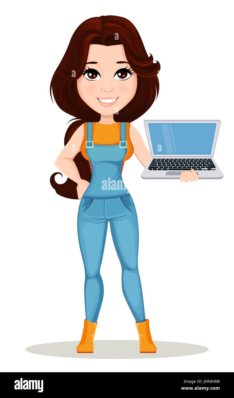 Bauernmädchen in Arbeit Overall gekleidet. Niedlichen Cartoon Charakter Holding Laptop. Für Animation, als gestalterisches Element genutzt werden und in einer Farm im Zusammenhang mit proj Stock Vektor