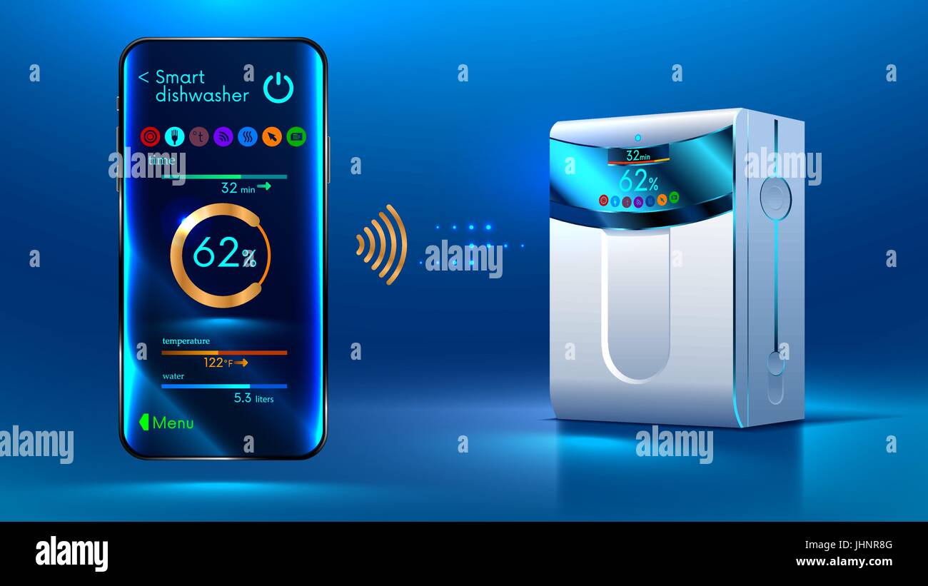 Die Smartphone-Steuerelemente über eine drahtlose Verbindung über das Internet mit einem intelligenten Geschirrspüler. Internet der Dinge. IOT. Home-Automation Set Vector hinsichtlich Stock Vektor