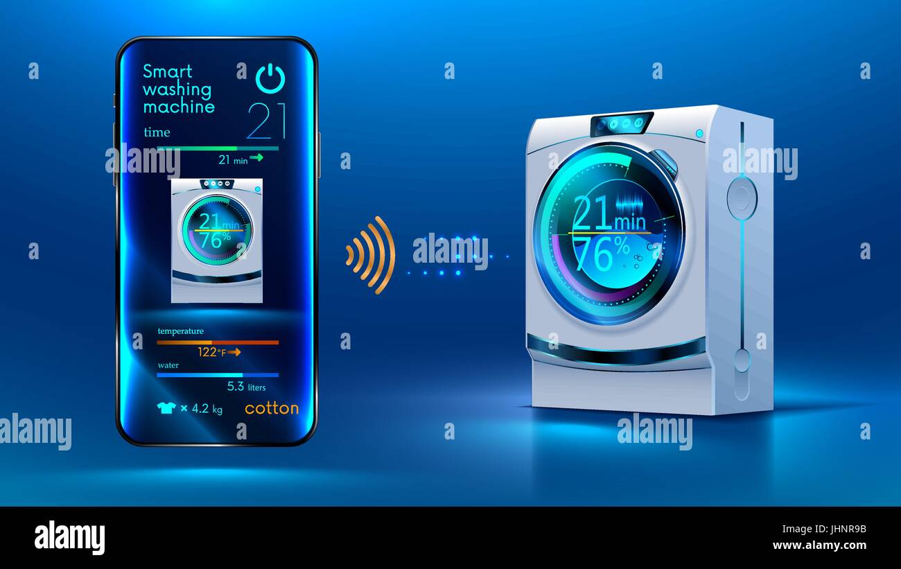Die Smartphone-Steuerelemente über eine drahtlose Verbindung über das  Internet mit einer intelligenten Waschmaschine. Internet der Dinge. IOT.  Smart House. Home-automation Stock-Vektorgrafik - Alamy
