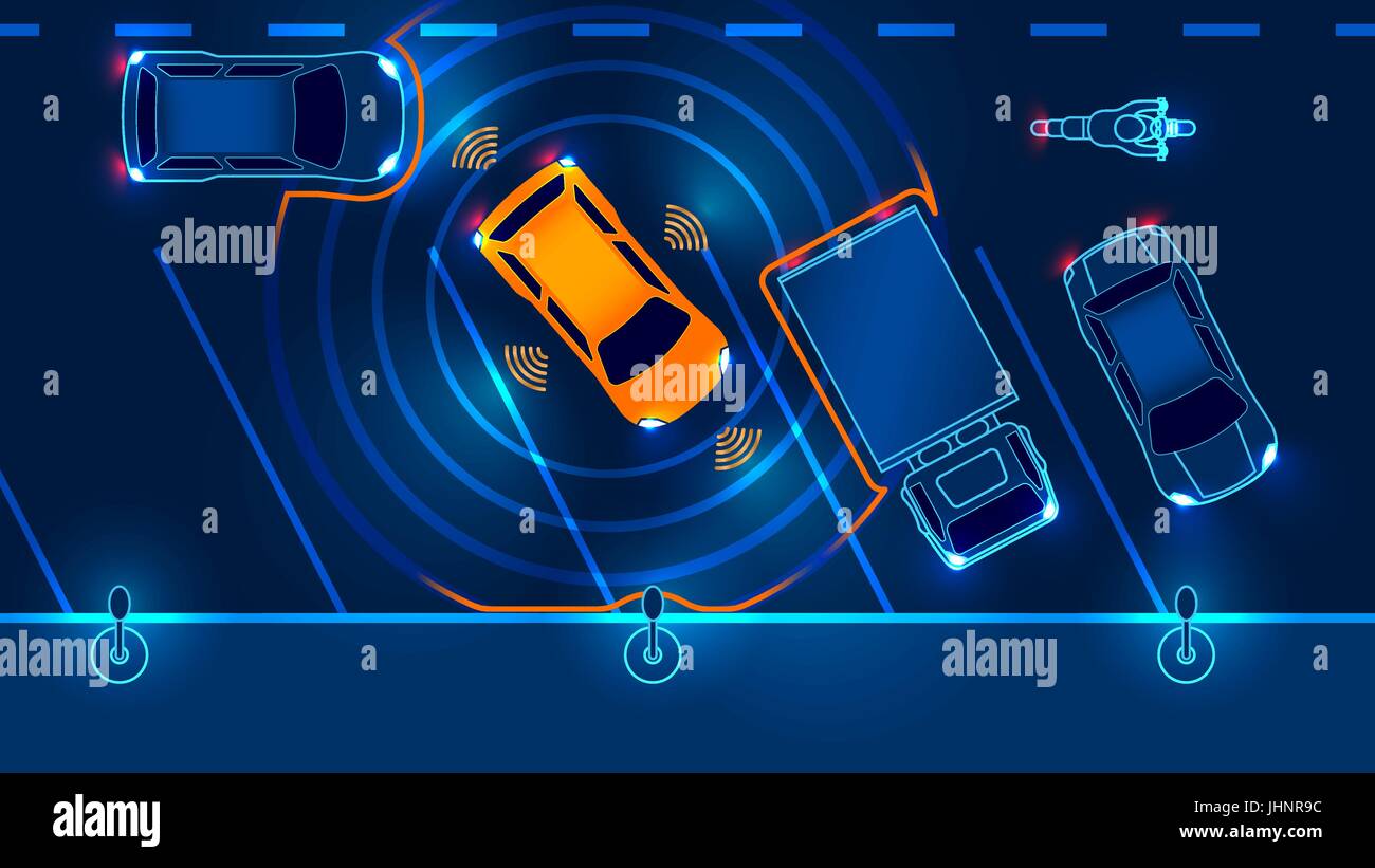 Smart Auto ist auf dem Parkplatz, die Aussicht von oben automatisch geparkt. Parking Assist System Security scannt die Straße. Vektor-Illustration. Stock Vektor