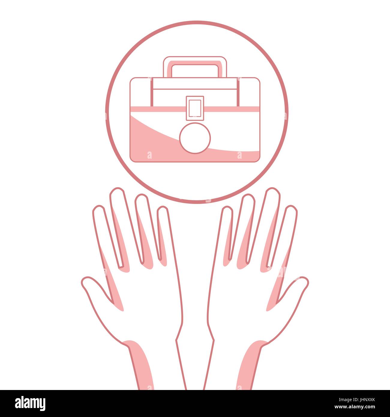 weißen Hintergrund mit roten Farbe Abschnitte der Silhouette Hände halten einen schwimmenden Kit-Erste-Hilfe in kreisförmigen Rahmen Stock Vektor