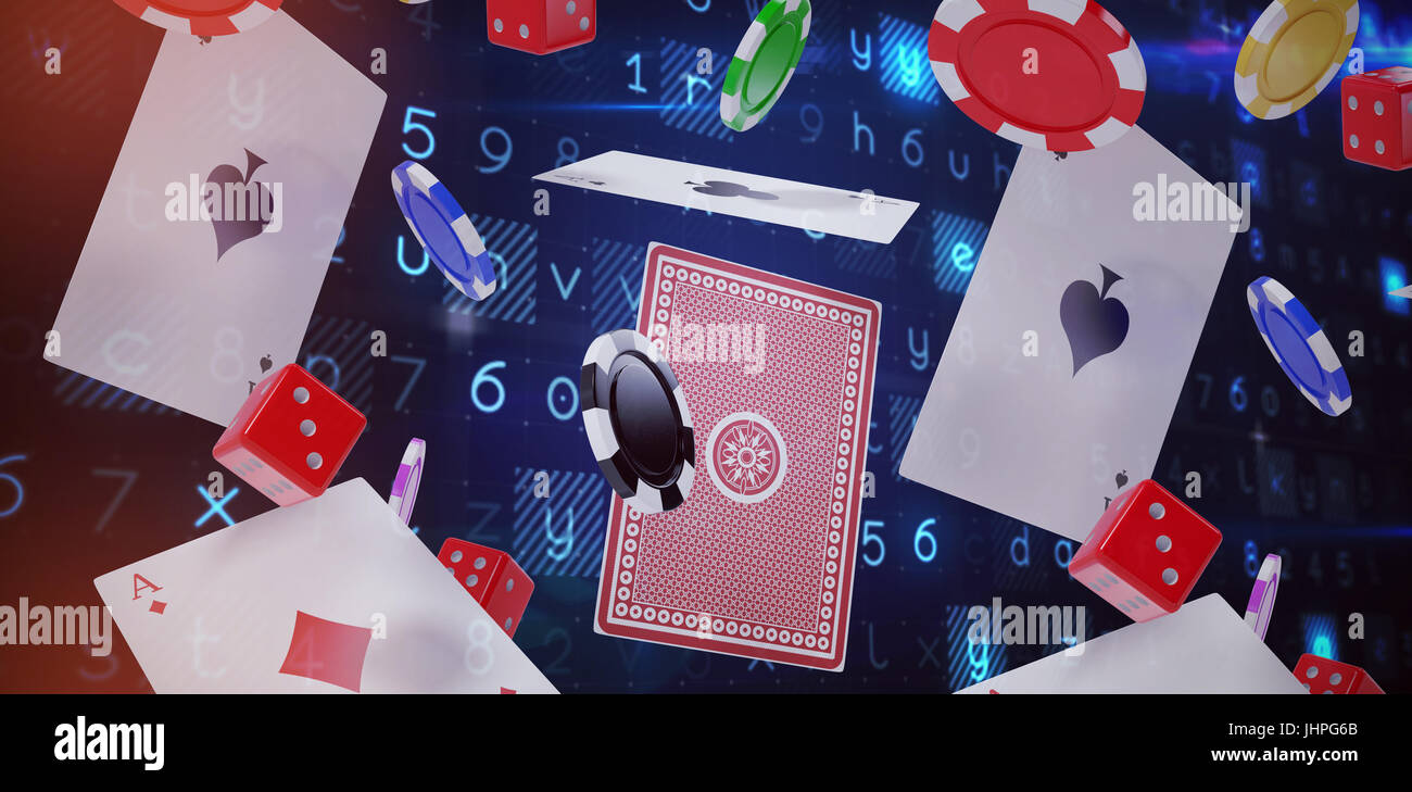 Virus Hintergrund 3D-Bild von Casino Jetons mit Würfel und Spielkarten Stockfoto