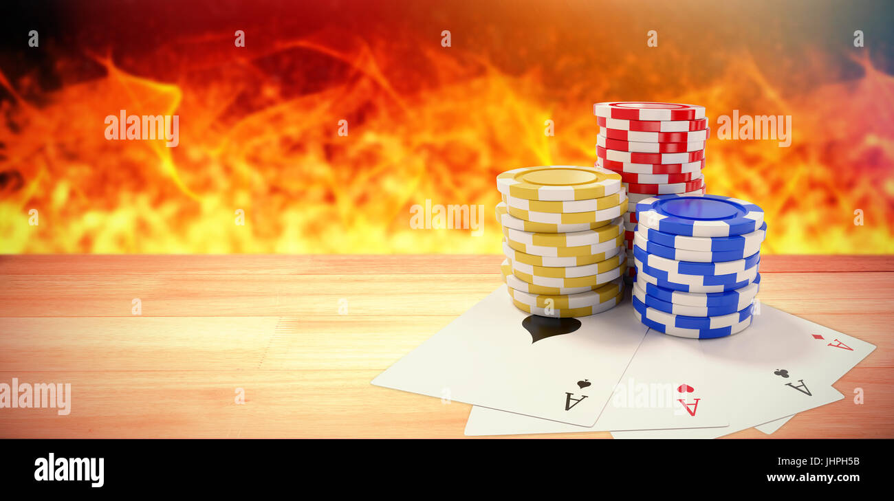 Bild von Spielkarten mit Casino Jetons gegen zusammengesetztes Bild des braunen Parkettboden zu kippen Stockfoto