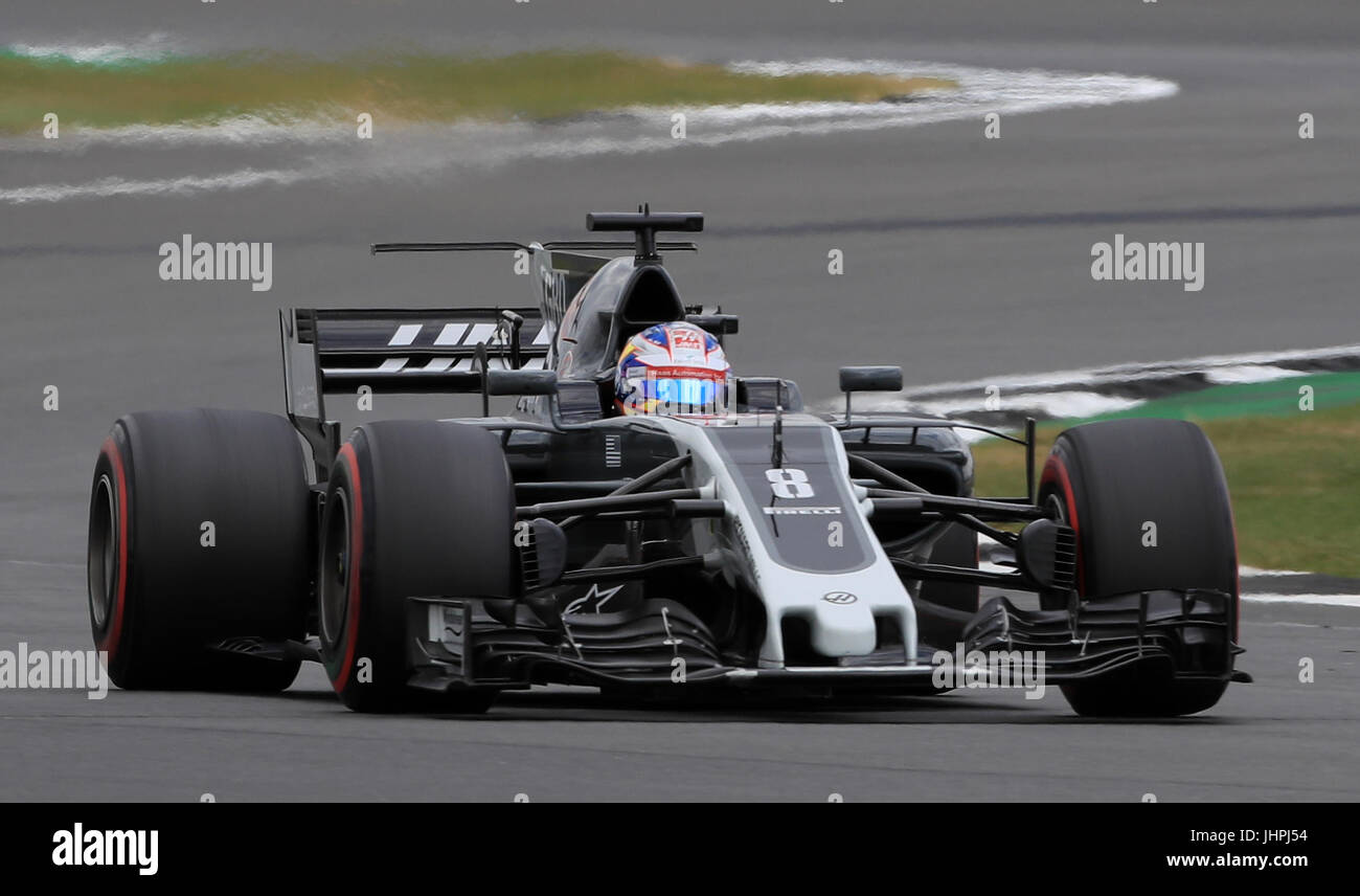 Haas' Romain Grosjean im zweiten Training des 2017 British Grand Prix in Silverstone, Towcester. PRESSEVERBAND Foto. Bild Datum: Freitag, 14. Juli 2017. Siehe PA Geschichte AUTO Briten. Bildnachweis sollte lauten: Tim Goode/PA Wire. Einschränkungen: Nur zur redaktionellen Verwendung. Kommerzielle Nutzung mit vorheriger Zustimmung von Teams. Stockfoto
