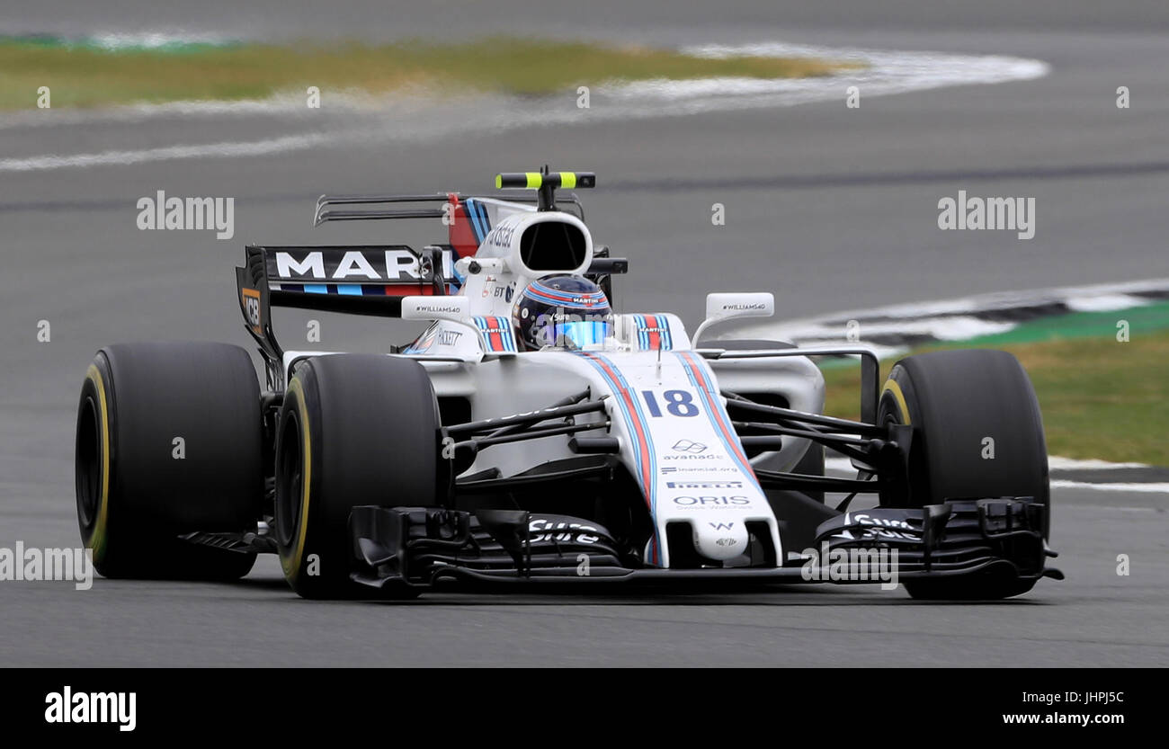 Williams' Lance Stroll während des zweiten Trainings des 2017 British Grand Prix in Silverstone, Towcester. PRESSEVERBAND Foto. Bild Datum: Freitag, 14. Juli 2017. Siehe PA Geschichte AUTO Briten. Bildnachweis sollte lauten: Tim Goode/PA Wire. Einschränkungen: Nur zur redaktionellen Verwendung. Kommerzielle Nutzung mit vorheriger Zustimmung von Teams. Stockfoto