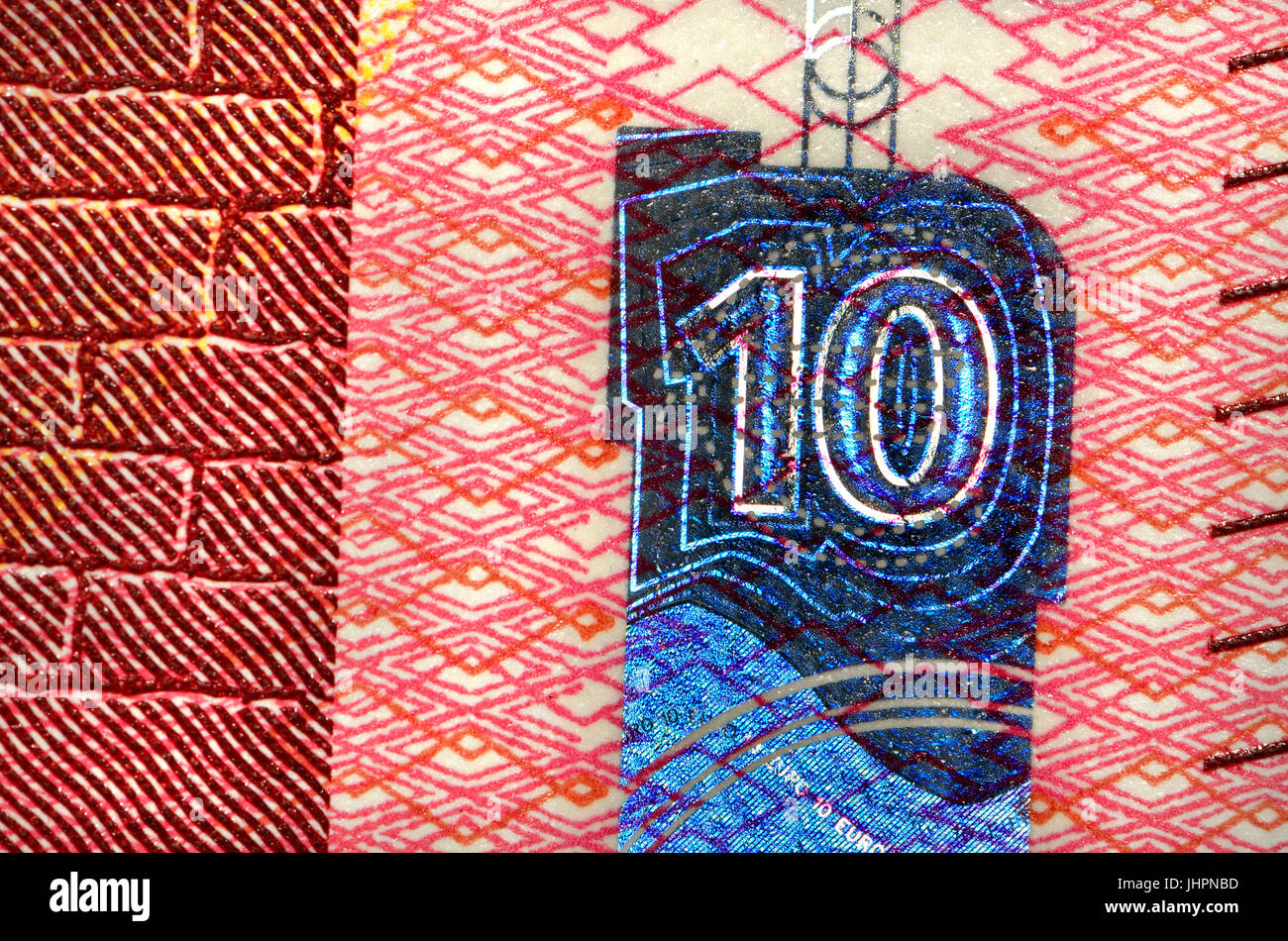 10 Euro Banknote Detail zeigt Anti-Fälschung Sicherheits-Features - neue "Europa"-Serie, Hologramm Stockfoto