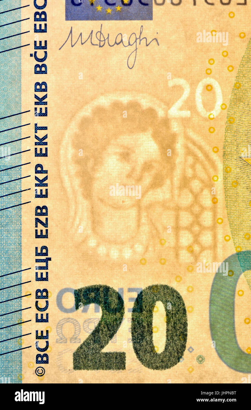 20 Euro Banknote Detail zeigt Anti-Fälschung Sicherheits-Features - neue "Europa"-Serie, Wasserzeichen Stockfoto