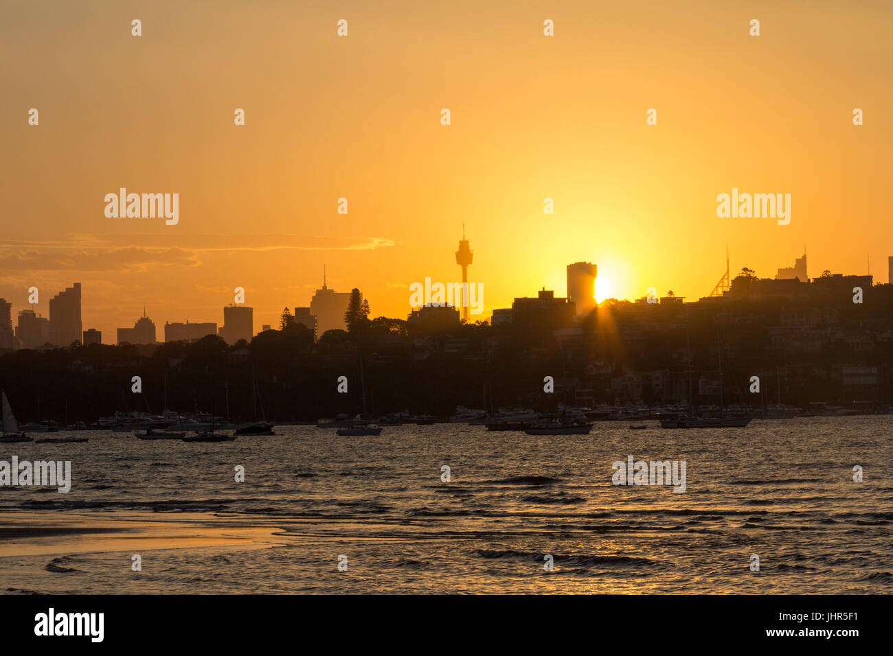 Sonnenuntergang über Sydney von Rose Bay, New South Wales, Australien Stockfoto