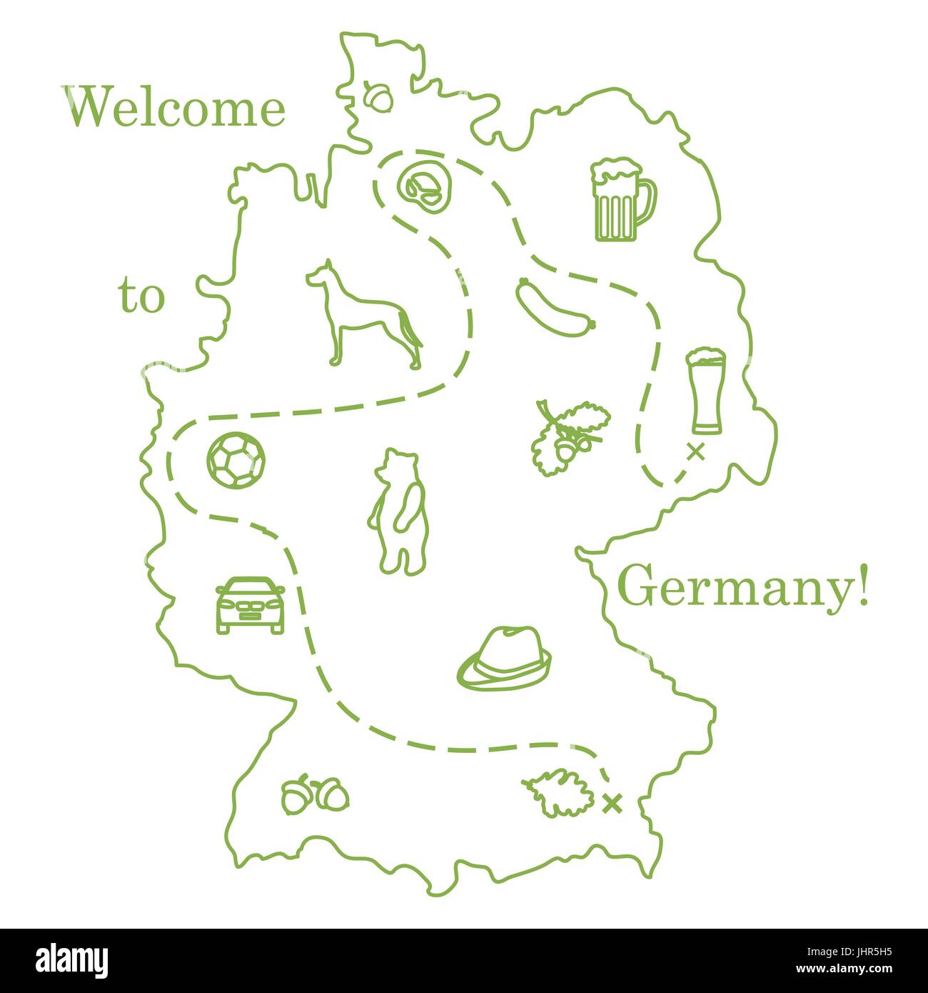 Vector Illustration mit verschiedenen Symbolen in Deutschland. Reisen und Freizeit. Design für Banner, Poster oder Drucken. Stock Vektor