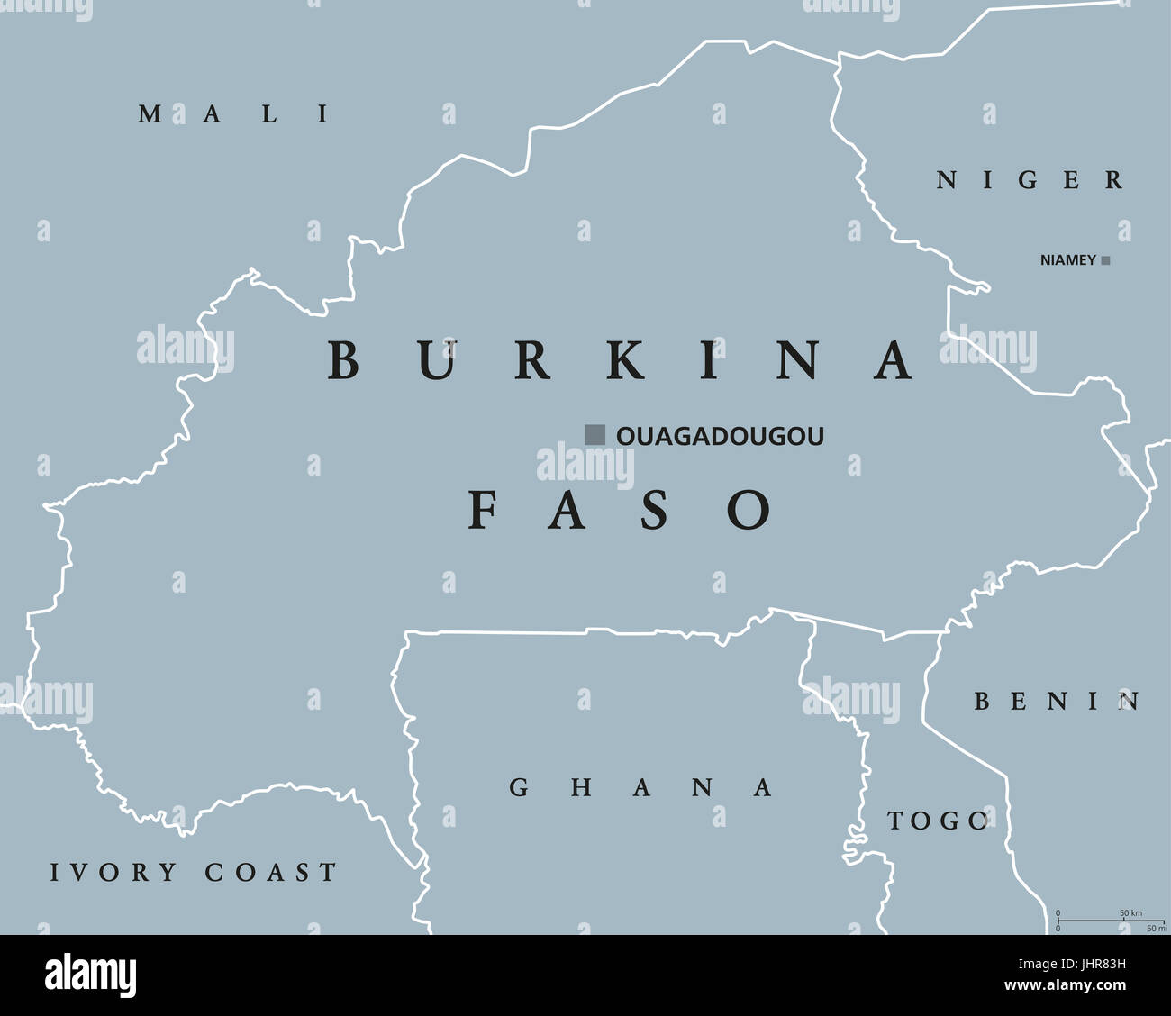 Burkina Faso politische Karte mit Hauptstadt Ouagadougou. Staat in Westafrika, ehemals die Republik von Obervolta. Graue Abbildung. Stockfoto