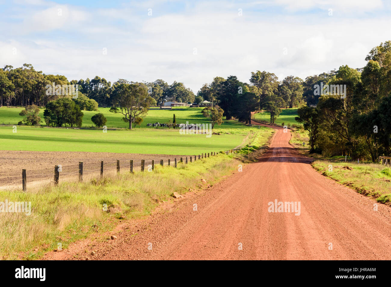 Schotterstraße in Farmland in der Nähe von Cowaramup in der Margaret River Region von Western Australia Stockfoto