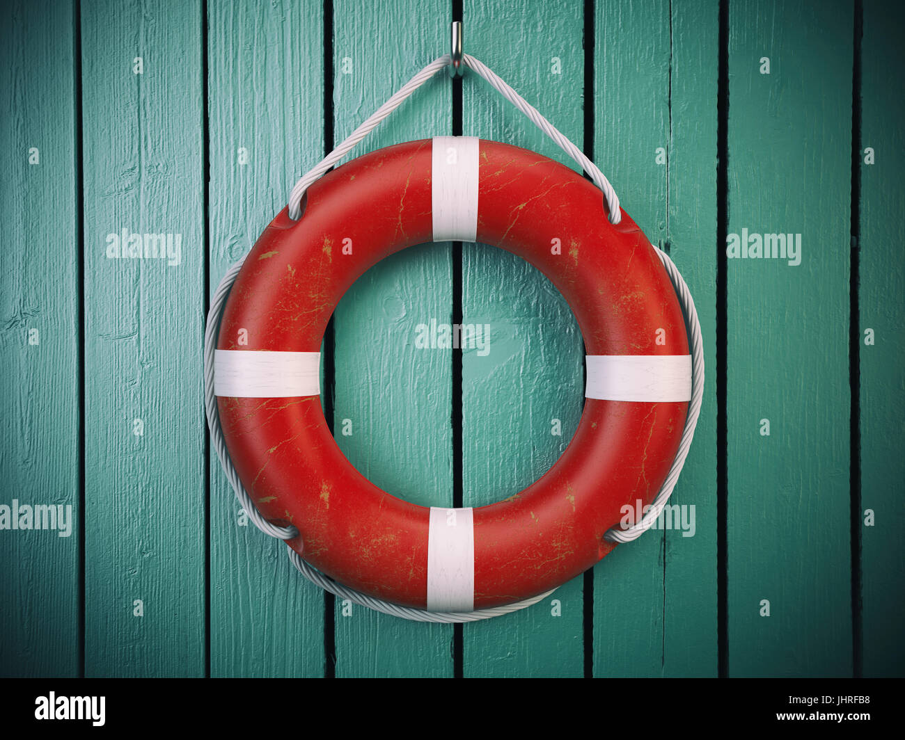 Rettungsring oder Rettungsring auf Holzwand. Heil, Schutz und Sicherheit-Konzept. 3D illustration Stockfoto
