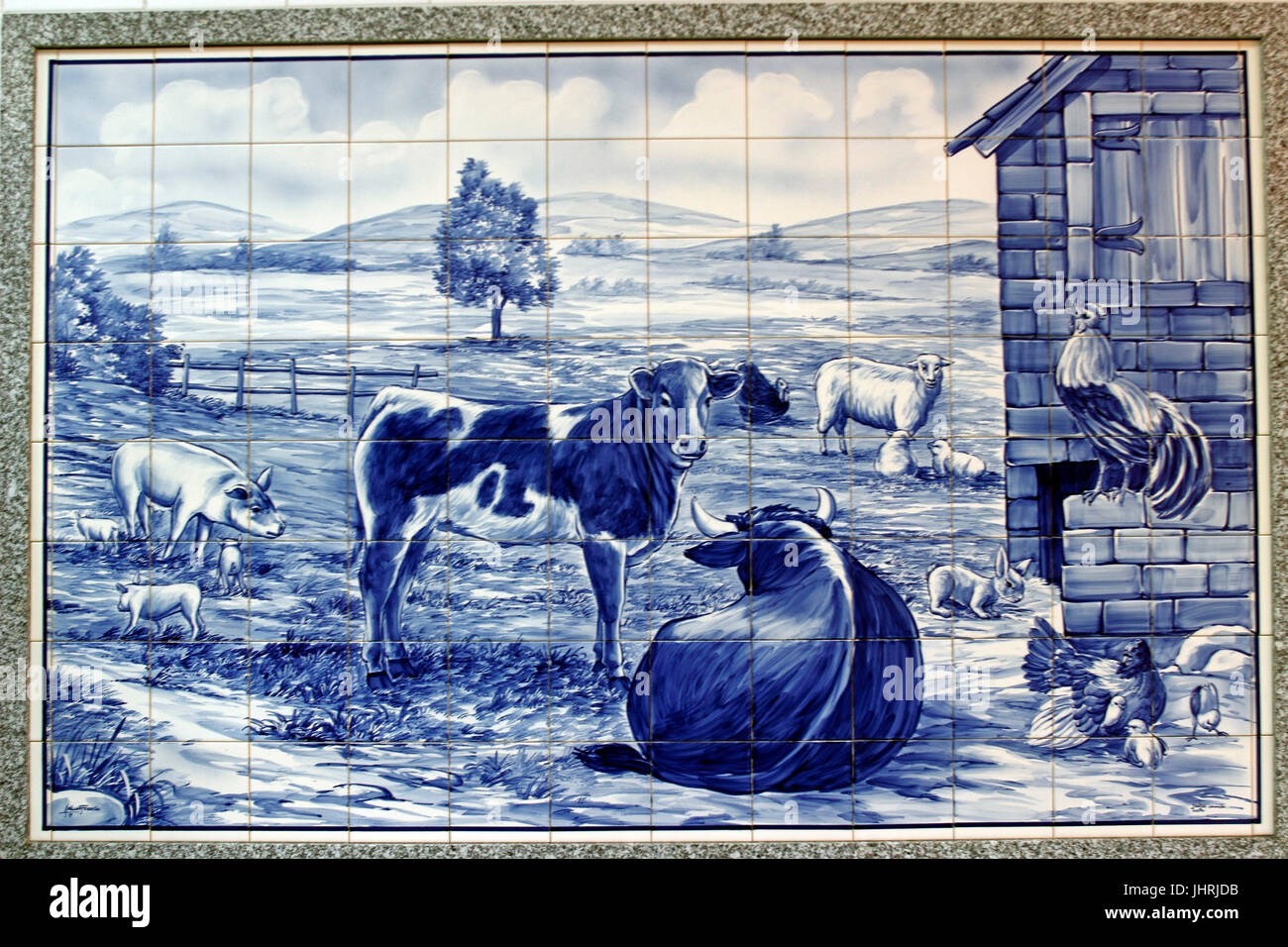 Dekorfliese Wand Azulejos in Metzgerei Aveiro, Portugal Stockfoto