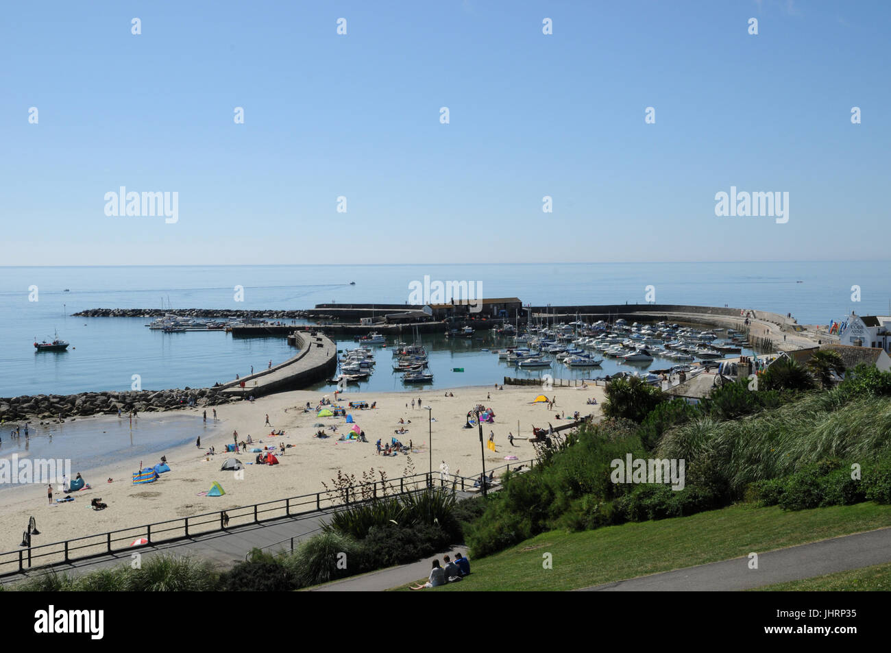 Blick auf den Hafen von Lyme Regis in der Grafschaft Dorset. Der kleine Hafen ist ein Ausgangspunkt sowohl für Sportboote und lokalen Fischerboote. Stockfoto