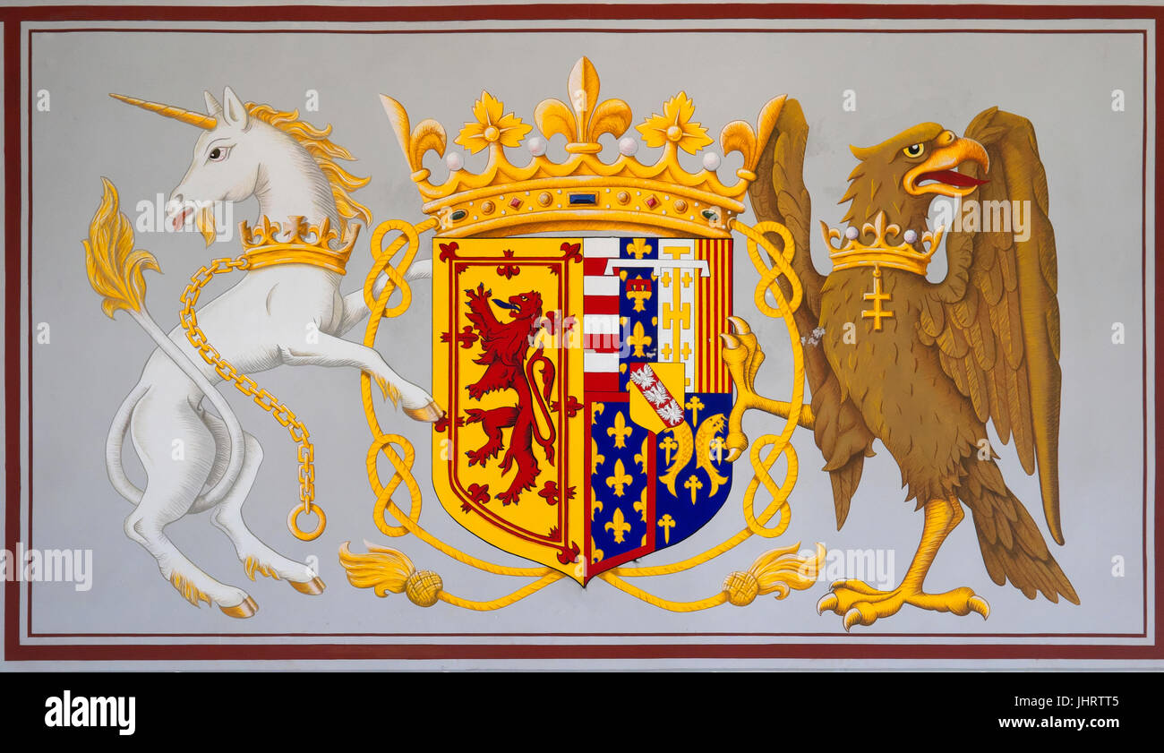 Wappen des Königs von House of Stuart mit Einhorn und Adler, Stirling Castle, Stirling, Stirling und Falkirk, Schottland Stockfoto