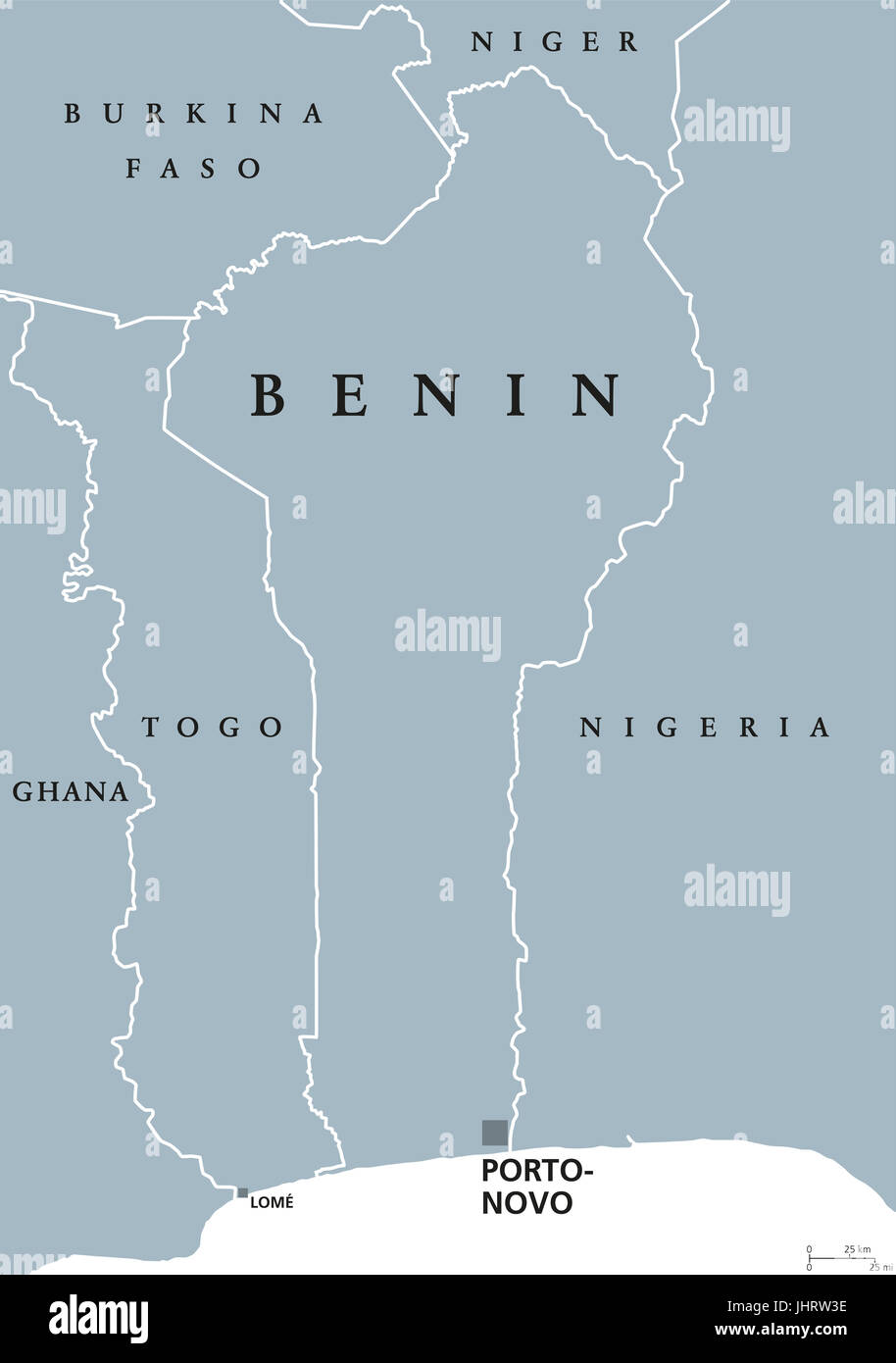 Benin politische Karte mit Hauptstadt Porto-Novo. Ehemals Dahomey, eine Republik und Staat in Westafrika am Golf von Guinea. Graue Abbildung. Stockfoto
