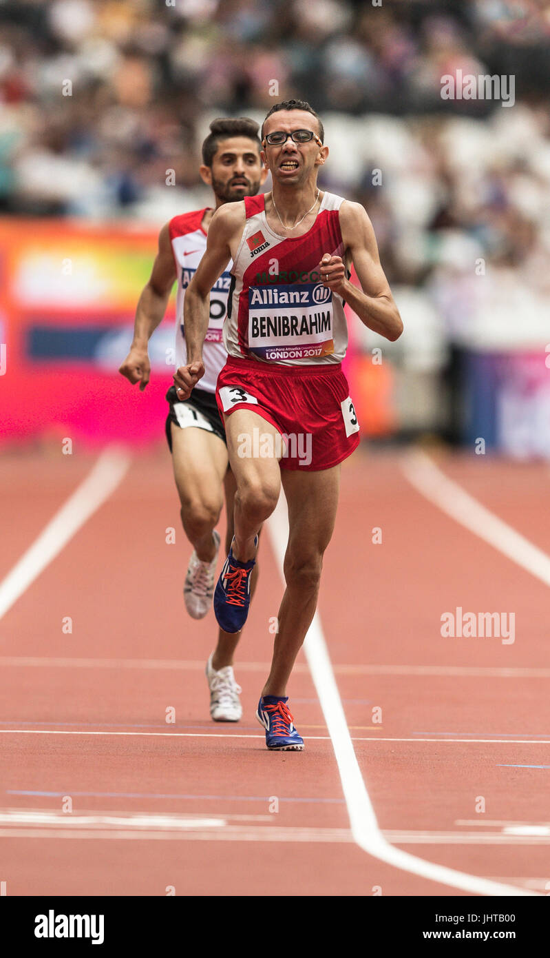 London, UK. 16. Juli 2017. Para Leichtathletik-Weltmeisterschaften, London 2017 Sonntag, 16. Juli, am Vormittag. Youssef Benibrahim (Marokko) gewann die Herren-5000 Meter T13 in einer neuen Weltrekordzeit von 14:20:69 Credit: Andy Gutteridge/Alamy Live News Stockfoto